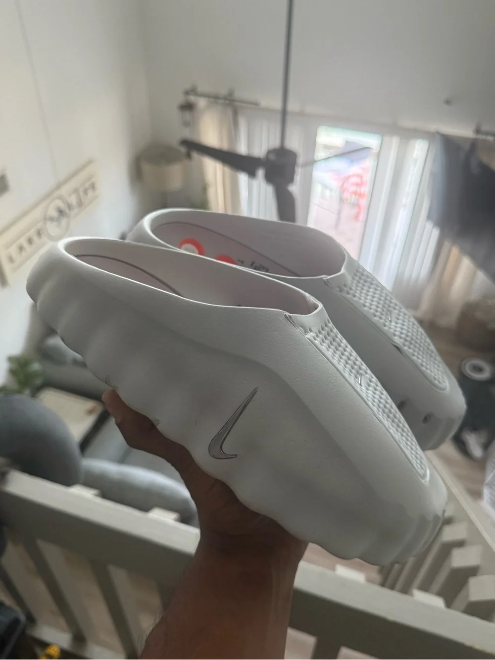 Nike Slip-On Clogs in Light Gray with Orange  Insole Dots